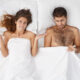 People, health problems, difficulties and crisis concept. Depressed couple have troubles, can`t recieve satisfaction in bed. Man has problem with impotence after stress, expreience erection failure