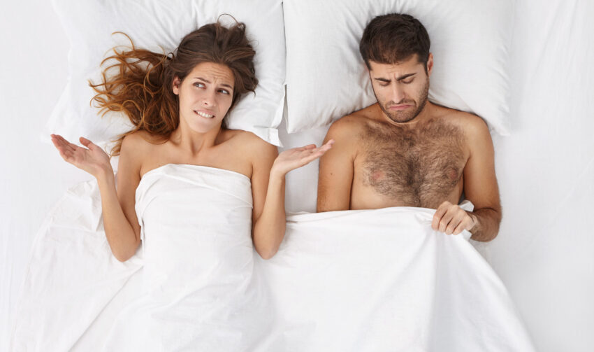 People, health problems, difficulties and crisis concept. Depressed couple have troubles, can`t recieve satisfaction in bed. Man has problem with impotence after stress, expreience erection failure